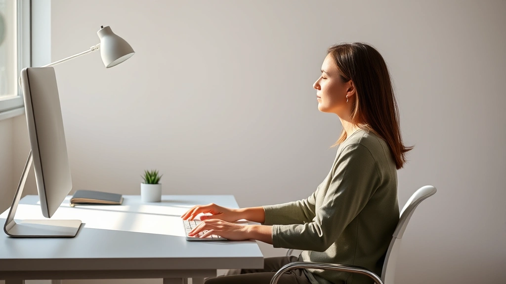 Person sitting peacefully at minimalist desk with soft natural lighting, hands resting on keyboard, serene focused expression, clean workspace with single plant, morning sunlight through window, photorealistic