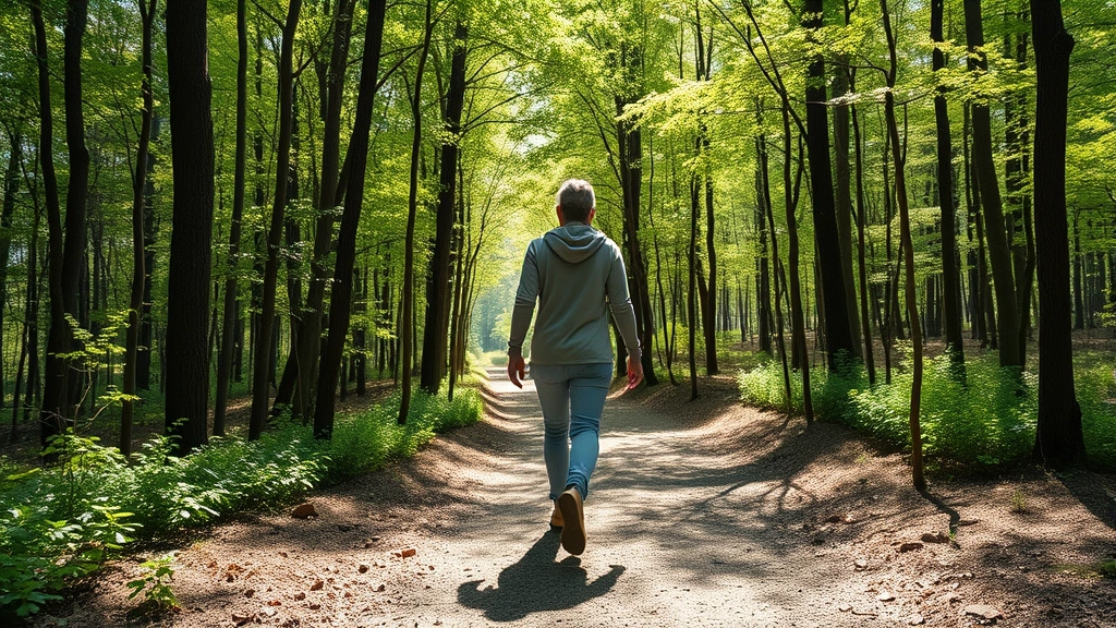 Person walking outdoors on forest trail, natural movement, dappled sunlight through trees, calm peaceful environment, wearing comfortable casual clothing, fresh air and nature setting, photorealistic