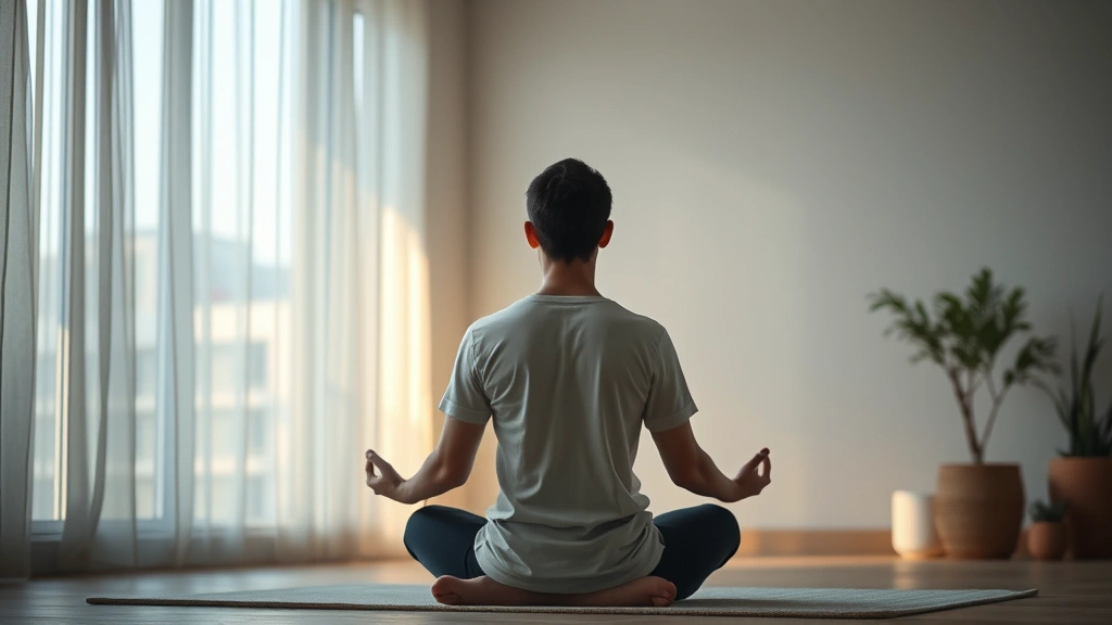 Person meditating in quiet room with soft ambient lighting, calm peaceful posture, morning or evening natural light, serene environment with minimal furnishings, focused meditative state, photorealistic
