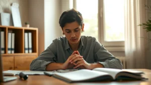 Person in deep focus at desk with natural morning light, peaceful expression, hands poised over work, soft warm lighting, wooden desk with minimal items, window showing nature outside, contemplative atmosphere, professional setting