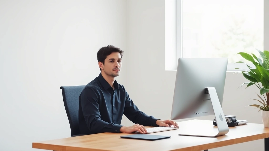 Person sitting at minimalist wooden desk with single computer monitor, bright natural window light, neutral background, focused expression, professional workspace, no visible text or notifications