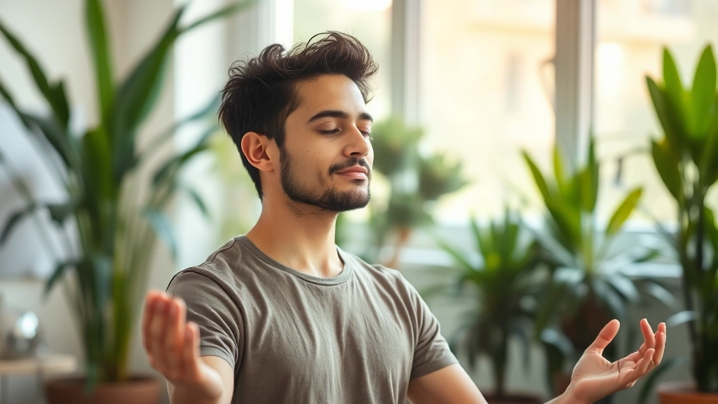 Individual in meditation pose with peaceful expression in bright natural light, plants in soft focus background, calm composed posture, serene indoor environment