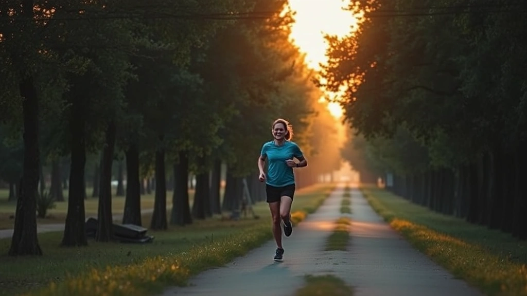 Person jogging outdoors on tree-lined path during golden hour light, athletic movement, natural landscape, energetic but calm mood, no urban elements or text visible