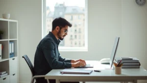 Person in minimalist workspace with clear desk, single focused task, natural light streaming in, clean organized environment, professional setting, concentrated expression, no distractions visible