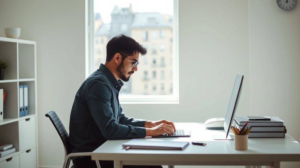 Person in minimalist workspace with clear desk, single focused task, natural light streaming in, clean organized environment, professional setting, concentrated expression, no distractions visible