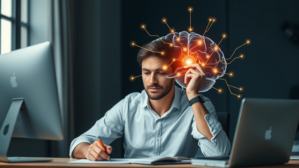 Individual in deep work session, sitting at desk with perfect posture, calm focused demeanor, brain illustration overlaid showing neural networks lighting up, concentration visualization, peaceful expression