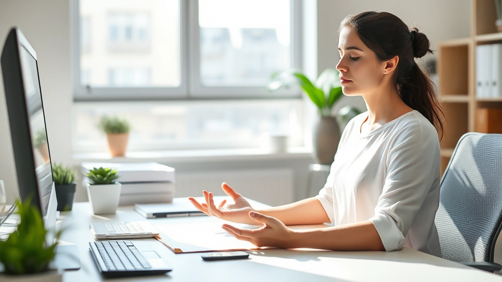 Person meditating in peaceful workspace, hands resting on desk, soft natural light from window, professional environment, clear mindful expression, photorealistic