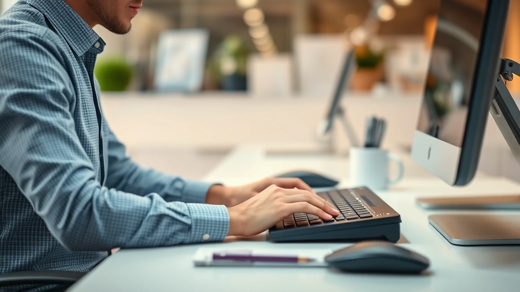 Someone doing focused work at clean desk, typing intently, blurred background showing quiet office, deep concentration evident in posture, warm lighting, no visible screens or text