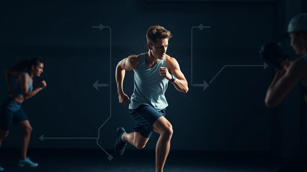 Athlete-style training circuit visualization: person in motion between different activities, energy and focus radiating, professional photography style, dynamic composition showing progression and effort