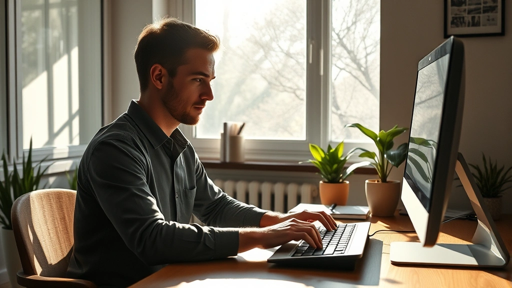 Person in deep focus at wooden desk with morning sunlight streaming through window, hands on keyboard, peaceful concentrated expression, minimalist workspace with plants, natural lighting creating calm environment, no screens or text visible