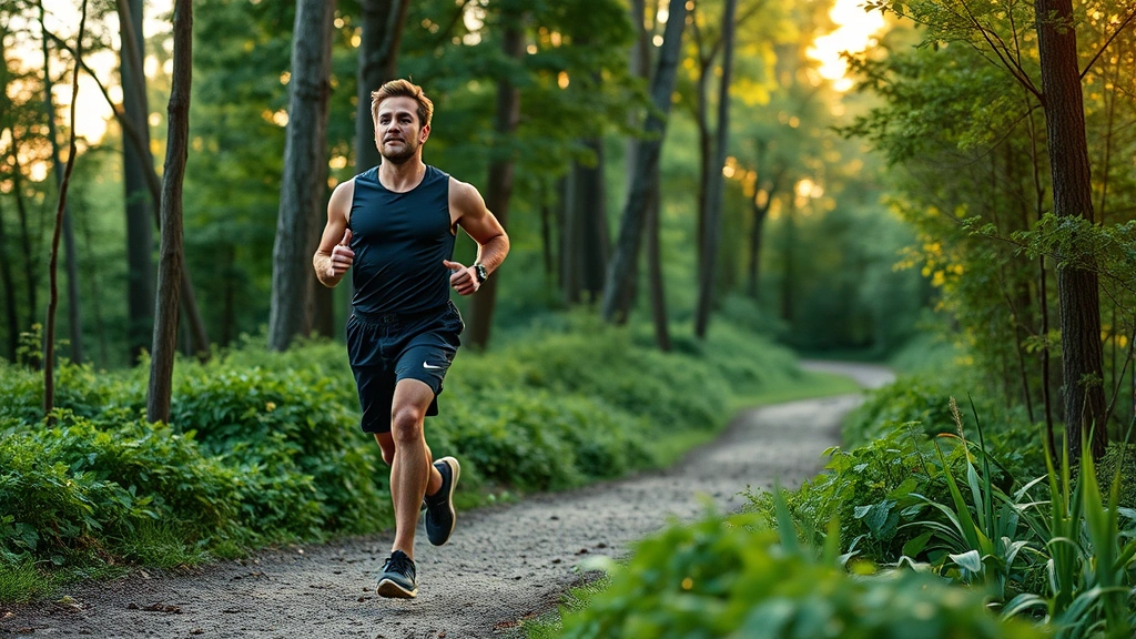 Athletic person jogging on forest trail during golden hour, strong posture and focused expression, lush green surroundings, movement and vitality conveyed, natural outdoor lighting, healthy energetic appearance, no text or signage