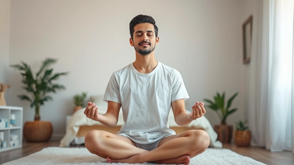 Individual meditating cross-legged in serene bedroom with soft diffused light, peaceful calm expression, organized minimal surroundings, natural materials like wood and plants visible, embodying tranquility and mental clarity, no religious symbols or text