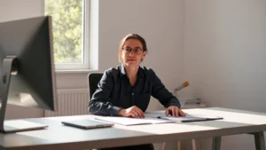 Person sitting at clean desk with natural window light, eyes focused on work, calm composed expression, minimalist workspace, morning sunlight streaming in, professional but relaxed posture, no visible screens or text