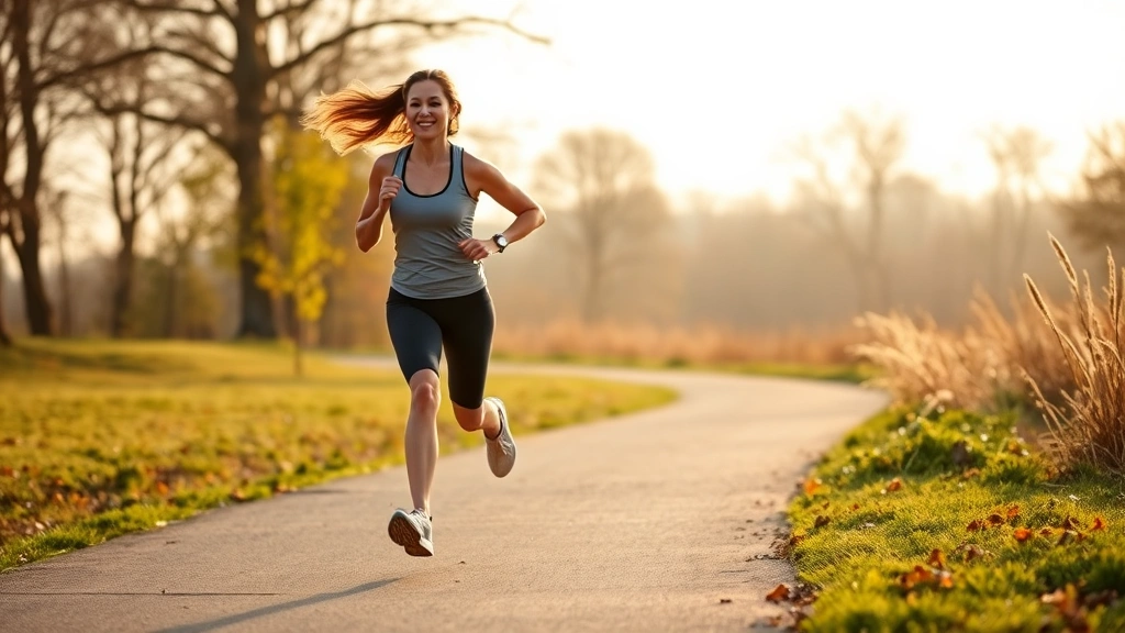 Woman running outdoors on park path, dynamic movement, strong concentration, natural landscape background, athletic wear, morning or golden hour light, energetic but controlled motion, trees and open space visible