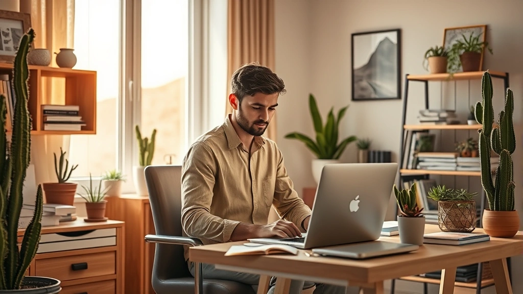 Person sitting in peaceful home office with soft natural lighting, completely focused on work, surrounded by minimal clutter and plants, desert-themed calm interior design, photorealistic, daytime