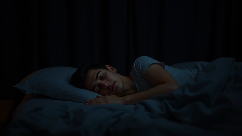 Individual sleeping peacefully in darkened bedroom with blackout curtains, serene expression, comfortable bed with quality bedding, nighttime scene, photorealistic, no visible text or devices