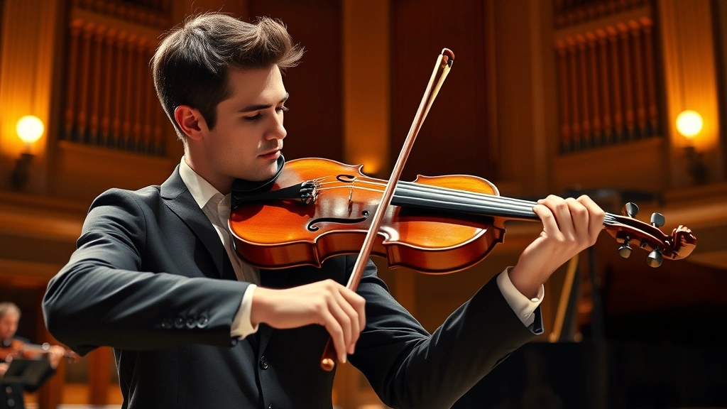 Professional musician performing classical violin in concert hall with dramatic lighting and focused expression, concert grand piano visible in background, warm amber stage lighting