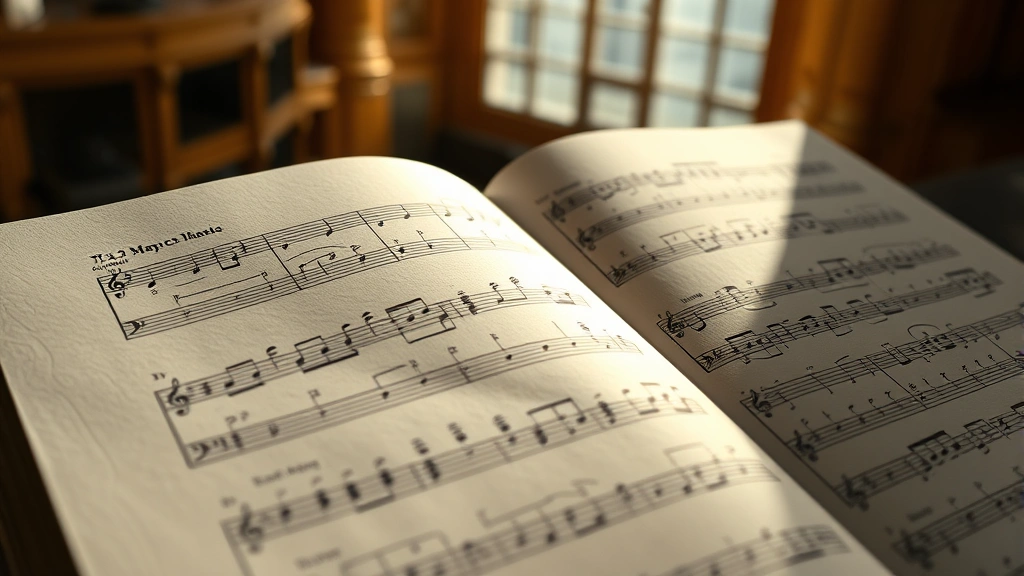 Close-up of sheet music with classical musical notation, soft natural window light creating shadows across pages, out-of-focus concert hall in background