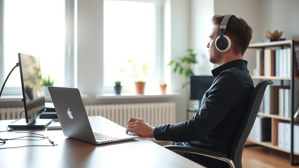 Person wearing headphones in modern home office workspace, relaxed posture at desk with laptop, natural sunlight streaming through windows, minimalist professional environment