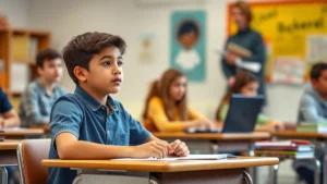 Student sitting attentively at desk facing teacher, natural classroom lighting, focused expression, organized study materials visible, calm classroom environment, professional photography