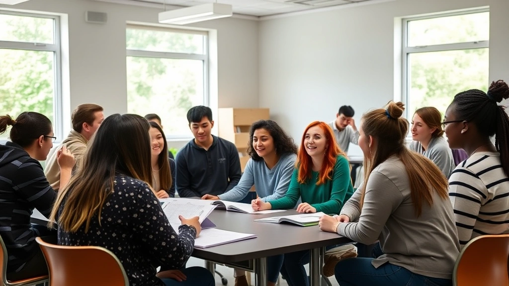 Diverse group of students engaged in active learning discussion, collaborative classroom setting, bright natural light from windows, energetic but focused atmosphere, genuine student engagement