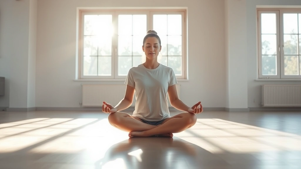 Person in lotus position meditating in bright, minimalist room with soft natural light streaming through large windows, calm peaceful expression, focused posture, photorealistic