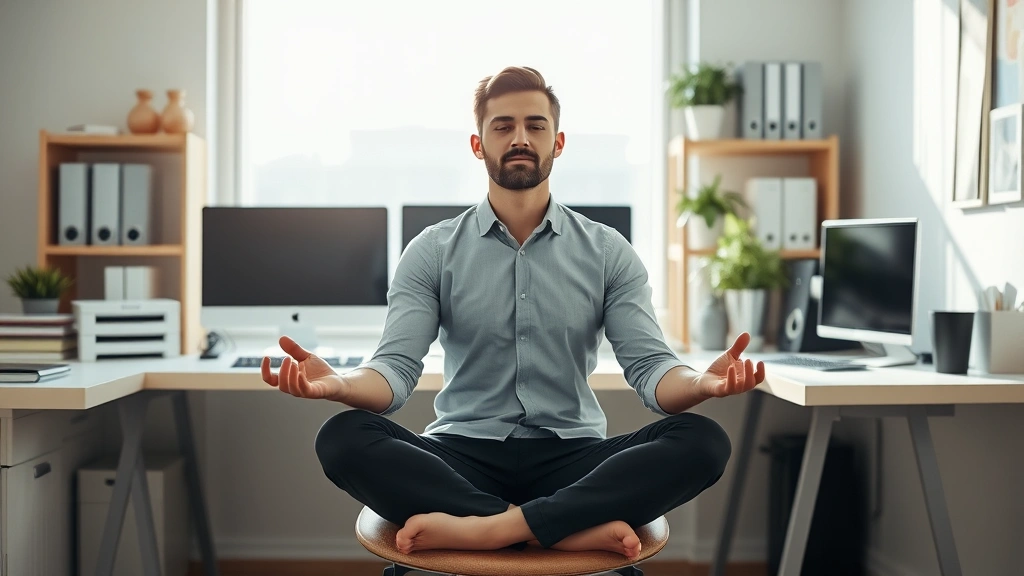 Individual sitting in meditation pose at desk workspace before beginning work, bright focused expression, morning light, calm professional environment, photorealistic