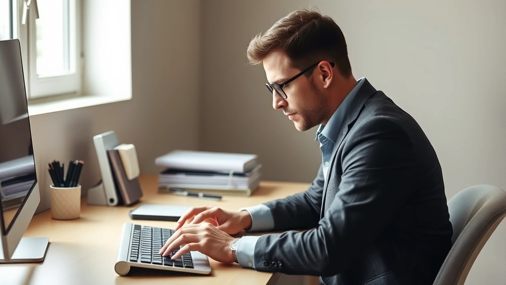 Professional focused on desk work, hands typing on keyboard, natural window light illuminating workspace, organized desk with minimal items, calm concentrated expression, neutral background
