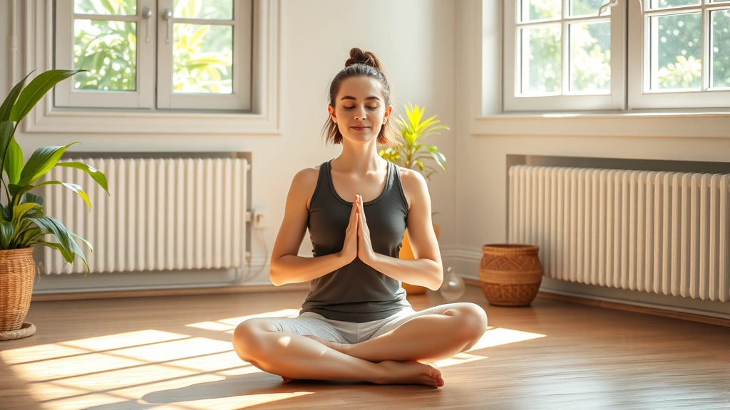 Person meditating in bright peaceful environment, sitting cross-legged on floor, natural light streaming through windows, serene expression, green plants visible, morning meditation scene