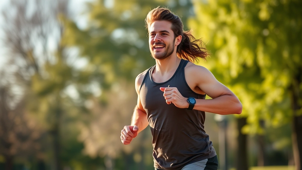 Active individual exercising outdoors, running or doing fitness activity, energized body language, natural daylight, focused determined expression, healthy physical movement demonstrating vitality