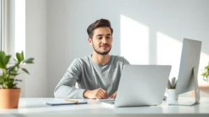 Person sitting at minimalist desk with soft natural light, eyes focused on work, peaceful expression, plants visible, clean organized workspace, photorealistic morning light, no screens visible