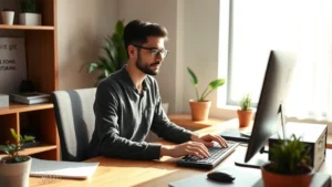 Person sitting at minimalist wooden desk with natural sunlight streaming through window, focused expression, hands on keyboard, no visible screens or text, peaceful office environment with plants
