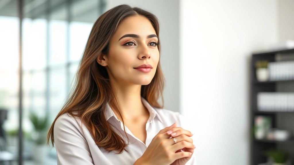 Professional woman in modern clinic setting with focused, concentrated expression, soft natural lighting, clean minimalist background, hands resting thoughtfully, peaceful mental clarity