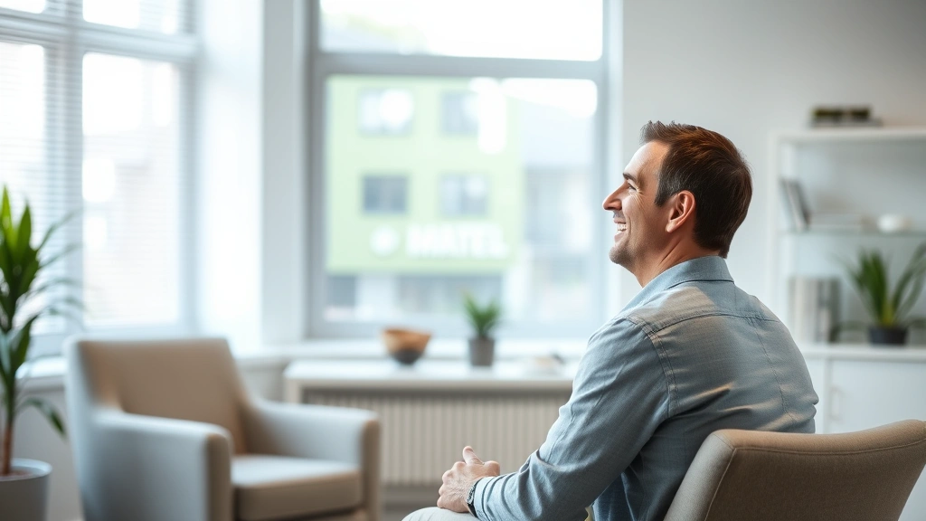 Man during therapy session in calm office environment, looking clear-headed and relieved, natural window lighting, comfortable seating, serene professional mental health setting