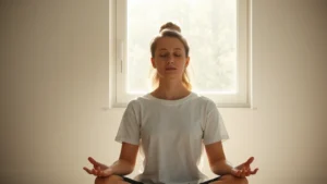 Person meditating peacefully in morning sunlight by window, serene focused expression, natural lighting, minimalist calm environment, photorealistic