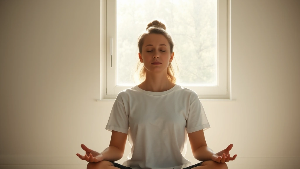 Person meditating peacefully in morning sunlight by window, serene focused expression, natural lighting, minimalist calm environment, photorealistic