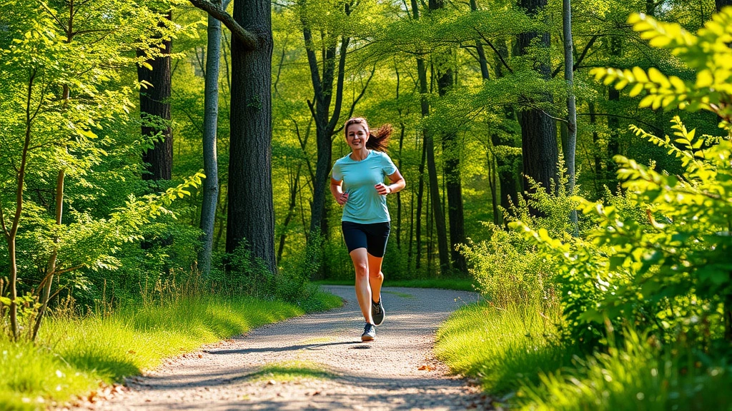 Active person jogging through nature trail surrounded by trees, athletic movement captured mid-stride, fresh outdoor environment, vibrant energy, photorealistic