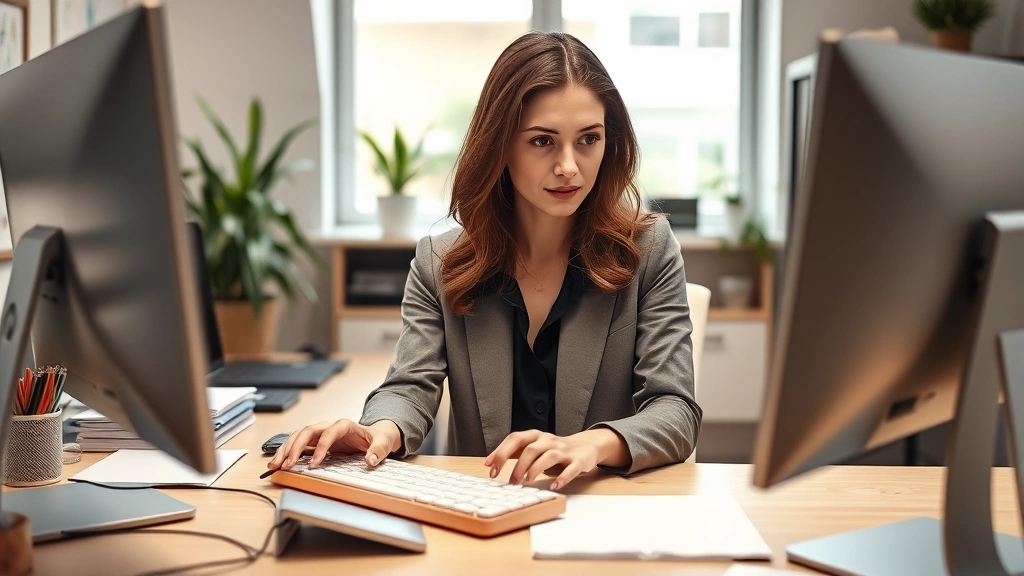 Professional woman at desk with organized workspace, hands on keyboard engaged in focused work, clean modern office setup, concentrated expression, photorealistic
