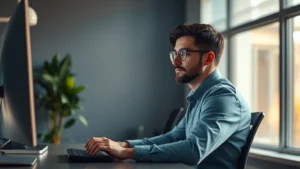 Person in modern office with optimal lighting and temperature, sitting at desk with focused expression, hands on keyboard, professional and calm atmosphere, warm natural light from window, plant in background, no visible screens or text
