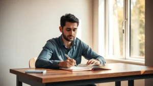Person studying at a minimalist wooden desk with natural sunlight streaming through a window, notebook and pen visible, completely focused expression, calm professional environment, warm natural lighting, no visible distractions or screens