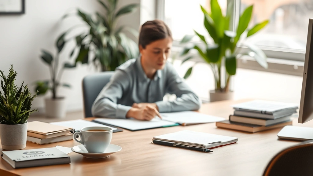 Peaceful workspace with organized desk, single cup of coffee, plants in background, soft natural light, person in relaxed focused posture, clean minimal aesthetic, professional study environment without clutter or technology visible