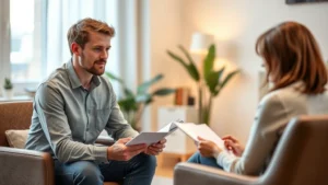 Professional mental health counselor sitting in modern therapy office with client in background, therapist taking careful notes with focused expression, warm lighting, comfortable seating, calm neutral tones, therapist deeply engaged and present