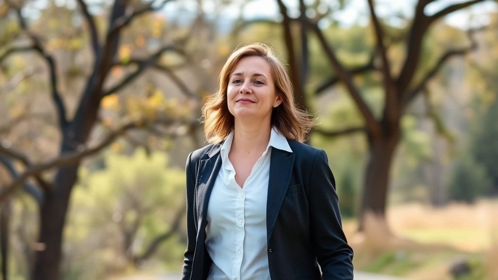 Mental health professional taking break outdoors, walking in nature with peaceful expression, professional casual clothing, trees and natural landscape background, person looking refreshed and calm, embodying self-care and mental restoration between client sessions