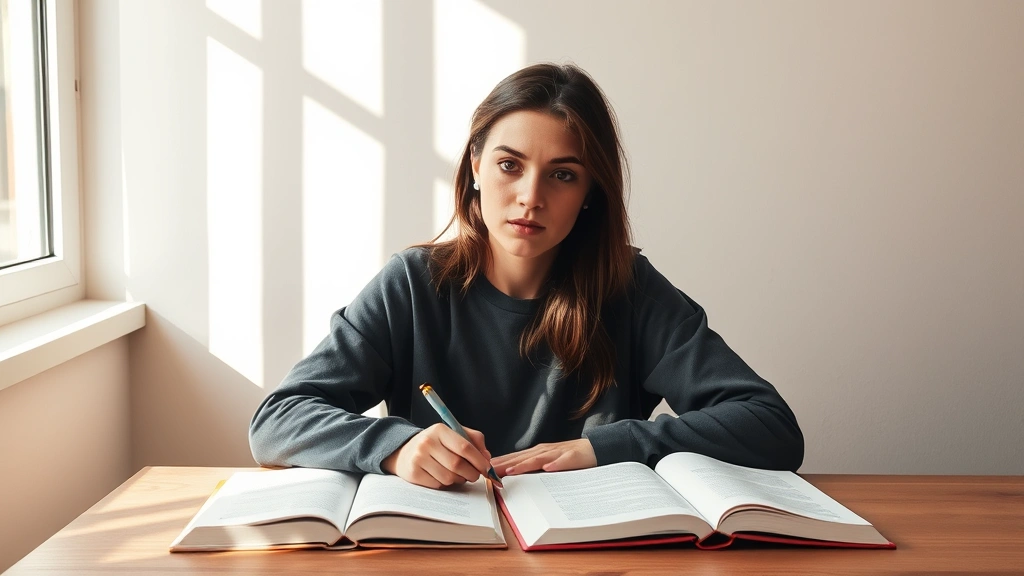 A calm, focused graduate student sitting at a wooden desk with open textbooks and notes, natural window light streaming across their face, deep concentration evident, minimalist background, warm earth tones