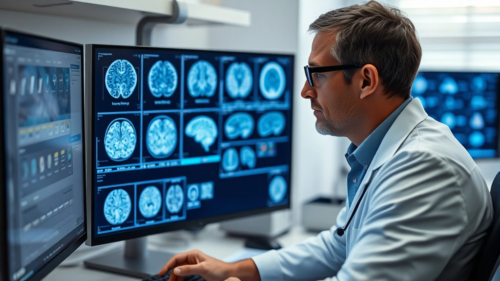 A neuroscience researcher examining brain imaging scans on a professional workstation, focused expression, clinical but welcoming environment, soft professional lighting, representing cognitive science research
