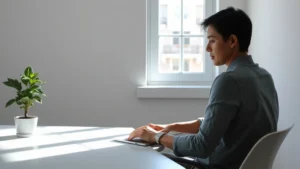 Person sitting at minimalist desk with natural window light, focused expression, working on laptop, calm professional workspace with plant, no visible text or screens showing content