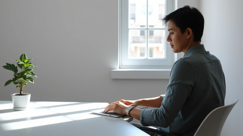 Person sitting at minimalist desk with natural window light, focused expression, working on laptop, calm professional workspace with plant, no visible text or screens showing content