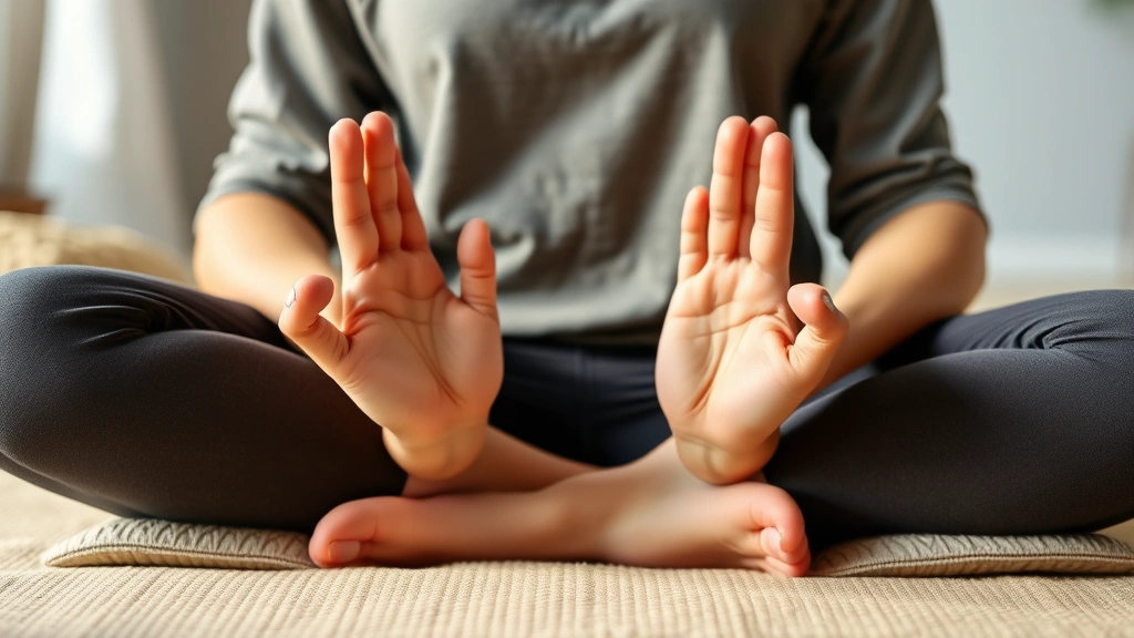 Close-up of hands in meditation pose on lap, person sitting peacefully on cushion indoors, soft natural lighting, serene expression, neutral background, photorealistic wellness imagery