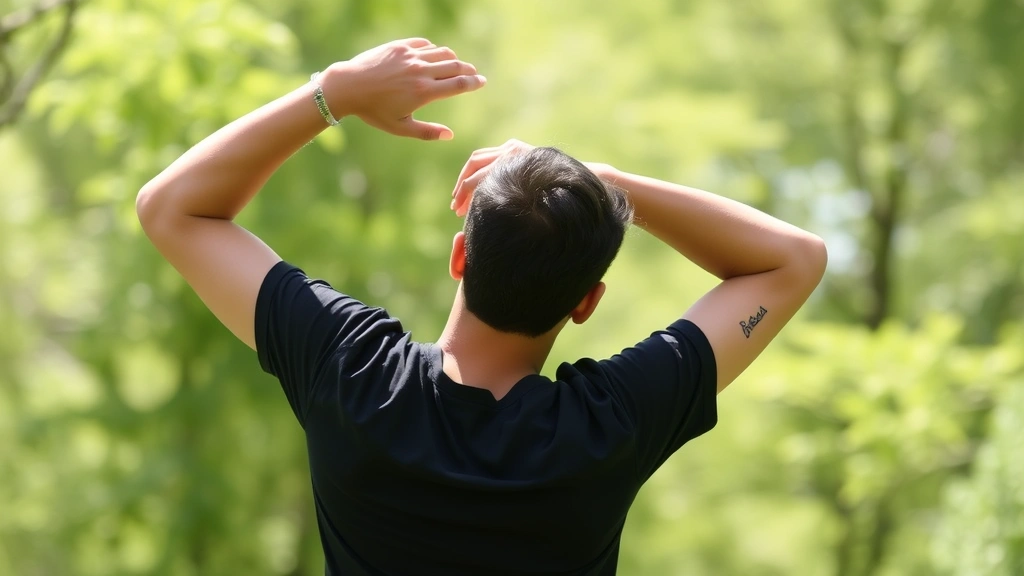 Individual taking a break outdoors, stretching or walking in nature, green background, bright daylight, active recovery pose, peaceful environment, no text or digital devices visible