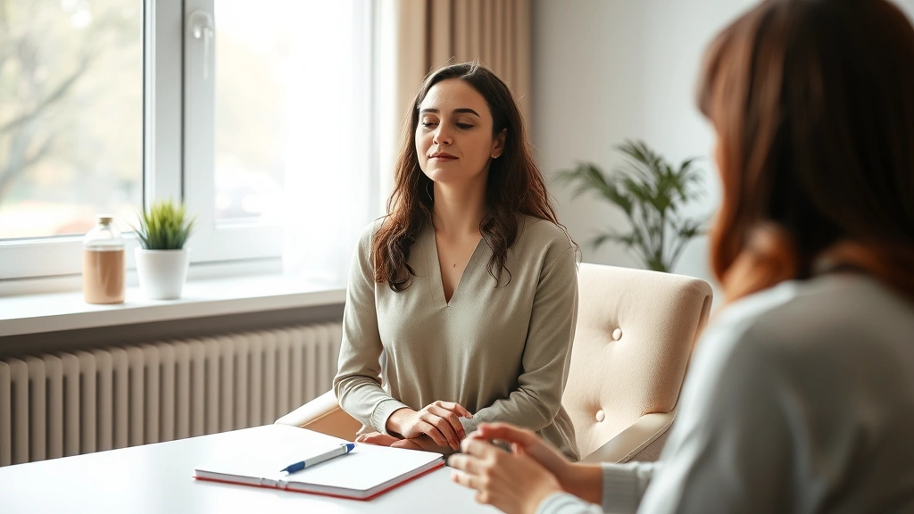 Calm therapist in neutral office setting with soft natural light, hands folded, expression of peaceful concentration, minimalist desk with notepad, warm professional atmosphere